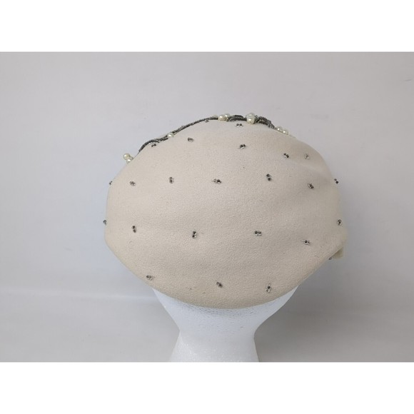 Vintage Hat 1950s Helen Hale Glenover Wool Henry Pollak Cocktail Caplet Beaded - Picture 3 of 10